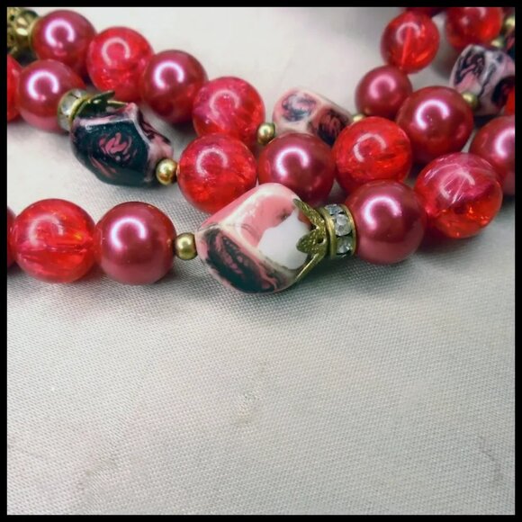 Red Vintage Multi Strand Necklace, Rhinestone Rondelles, Beaded Multistrand - Picture 5 of 14